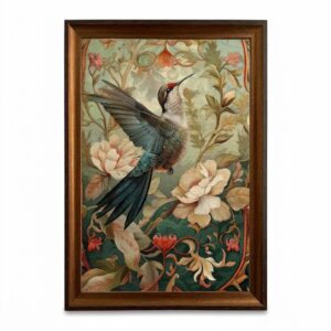 PORMIPONE Hummingbird Wall Art, 16x24in Framed Canvas, Vintage Botanical Floral Bird Painting, Antique Nature Wall Decor for Living Room Bedroom Entryway