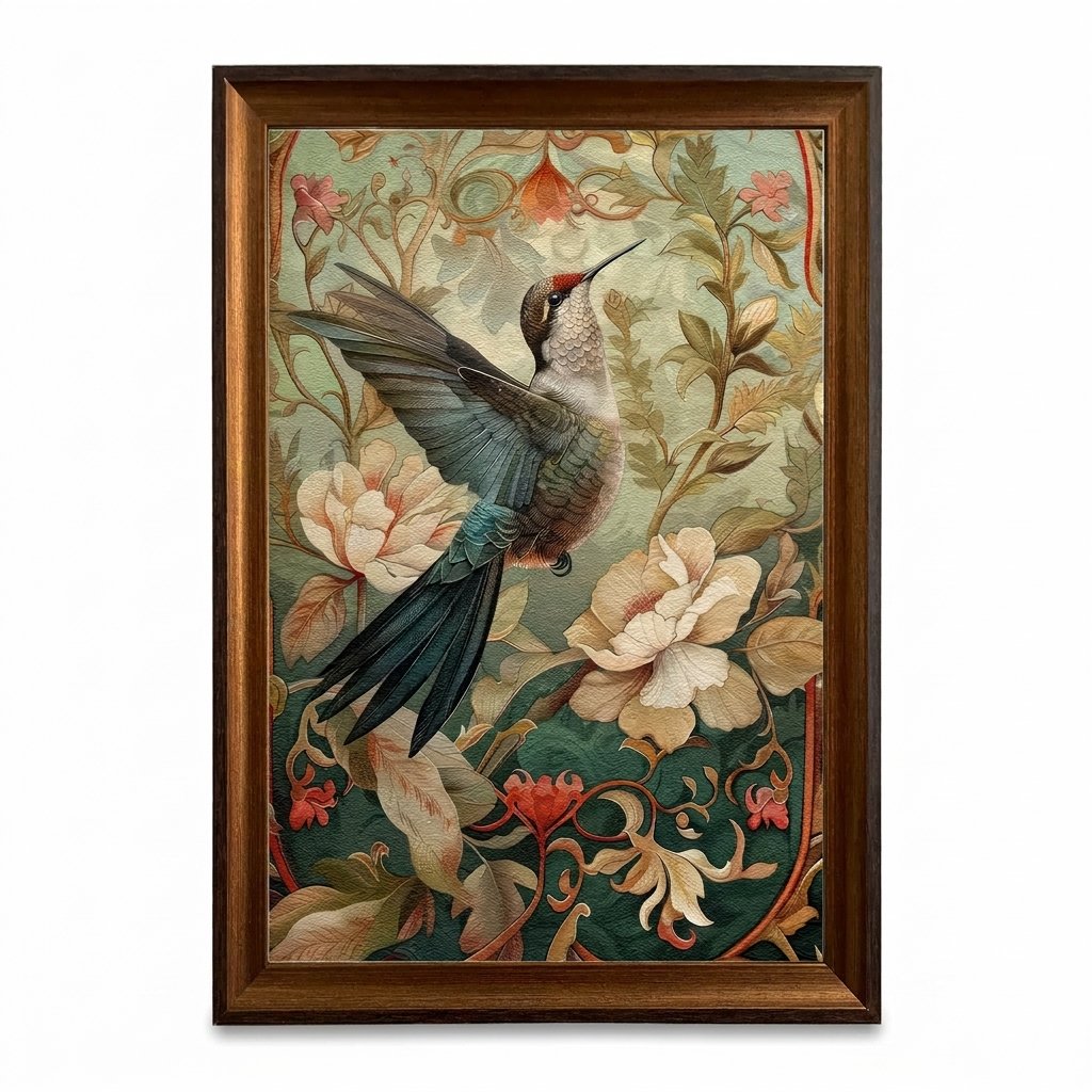 PORMIPONE Hummingbird Wall Art, 16x24in Framed Canvas, Vintage Botanical Bird Artwork with Wood Frame for Home Decor