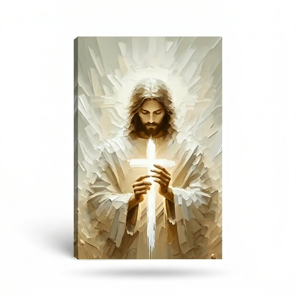 PORMIPONE Jesus Holding Cross Wall Art, 24x36in Gallery Wrapped Canvas, Textured Religious Painting, Christian Wall Decor for Church Living Room Prayer Room