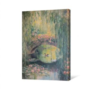 PORMIPONE Garden Bridge Wall Art, Impressionist Floral Landscape Canvas, 16x24 Inch Framed Wall Decor for Living Room Bedroom