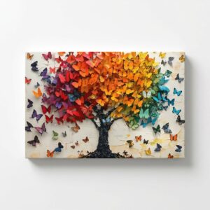 PORMIPONE Butterfly Tree Wall Art, 16x24in Gallery Wrapped Canvas, Colorful Abstract Painting, Textured Butterfly Wall Decor for Living Room Bedroom Kids Room