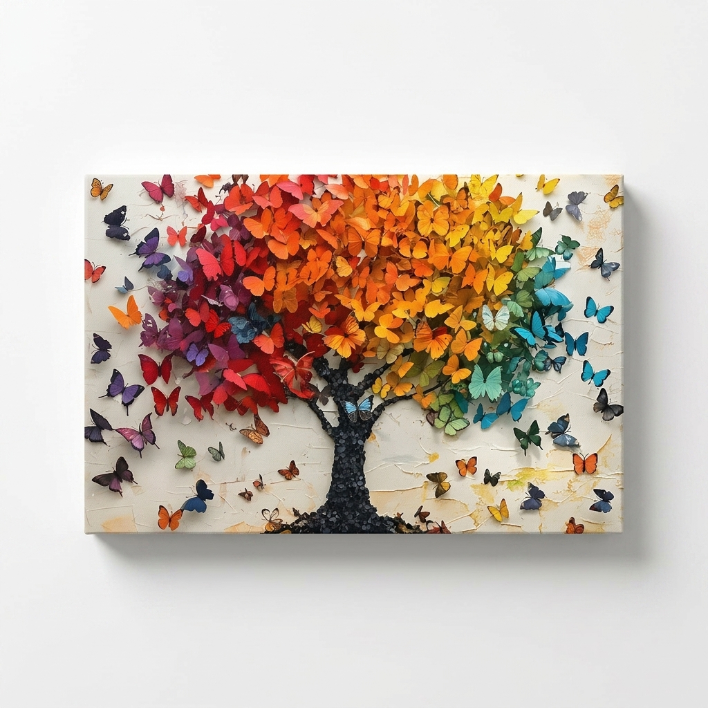 PORMIPONE Butterfly Tree Wall Art, 16x24in Gallery Wrapped Canvas, Colorful Abstract Painting, Textured Butterfly Wall Decor for Living Room Bedroom Kids Room