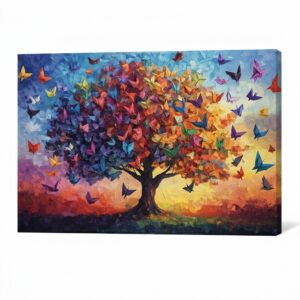 PORMIPONE Colorful Butterfly Tree of Life Wall Art, 36x24in Gallery Wrapped Canvas, Large Boho Nature Abstract Wall Decor for Living Room Bedroom Office