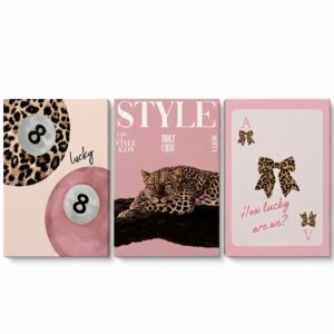 PORMIPONE Pink Cheetah Wall Art Set of 3, 24x36in Gallery Wrapped Canvas, Coquette Pink Leopard Wall Decor, How Lucky Are We Trendy Girls Room Bedroom Living Room