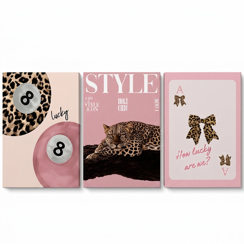 PORMIPONE Pink Cheetah Wall Art Set of 3, 24x36in Gallery Wrapped Canvas, Coquette Pink Leopard Wall Decor, How Lucky Are We Trendy Girls Room Bedroom Living Room