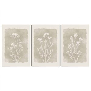 PORMIPONE Botanical Wall Art Set of 3, 16x24in Gallery Wrapped Canvas, Neutral Boho Wildflower Prints, Farmhouse Floral Decor for Living Room Bedroom Entryway