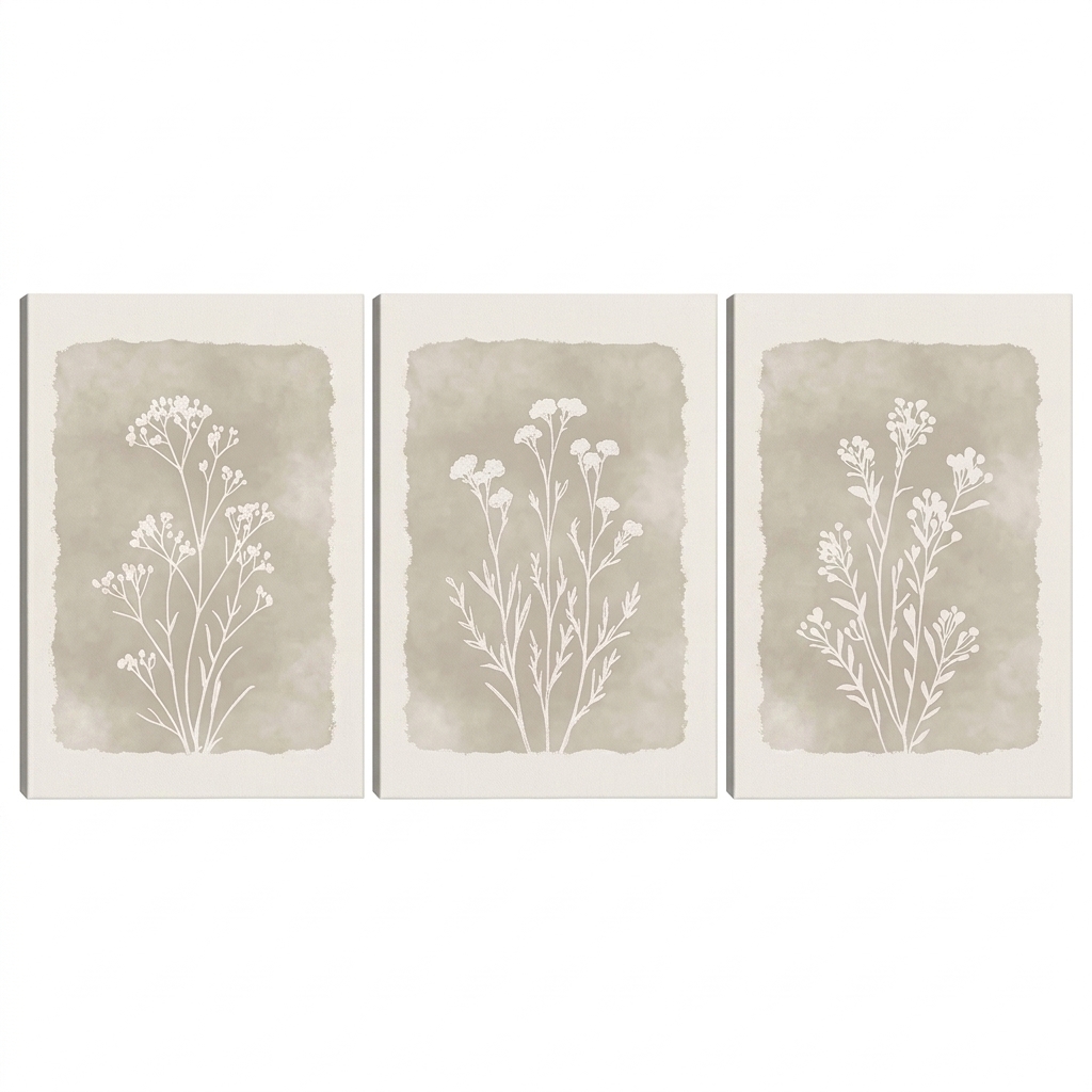 PORMIPONE Botanical Wall Art Set of 3, 16x24in Gallery Wrapped Canvas, Neutral Boho Wildflower Prints, Farmhouse Floral Decor for Living Room Bedroom Entryway