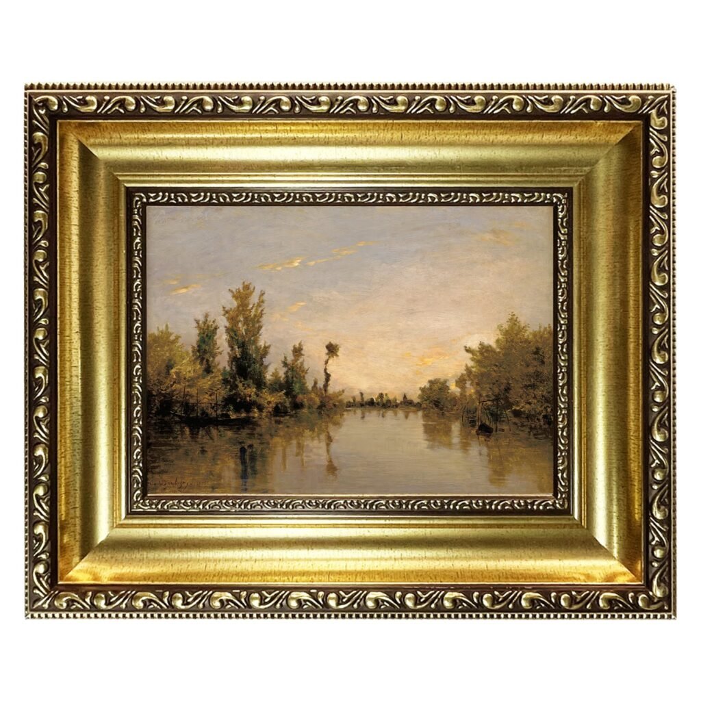 PORMIPONE Vintage River Landscape Wall Art, 24x16in Gold Ornate Framed Canvas, Classic Art Print, Antique Style Decor for Living Room Bedroom Office