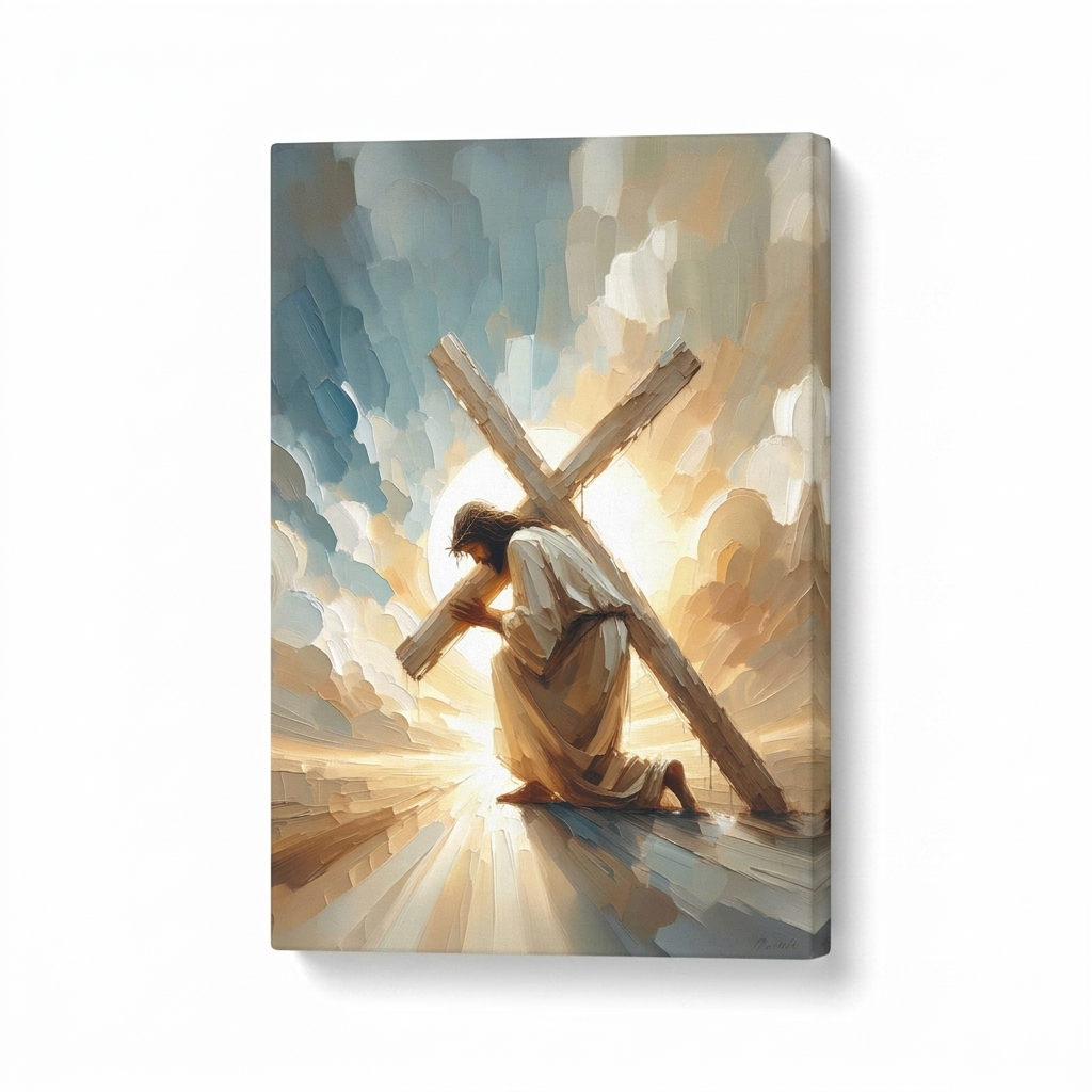 PORMIPONE Jesus Carrying the Cross Wall Art, 24x36in Gallery Wrapped Canvas, Textured Religious Painting, Christian Wall Decor for Living Room Prayer Room Church