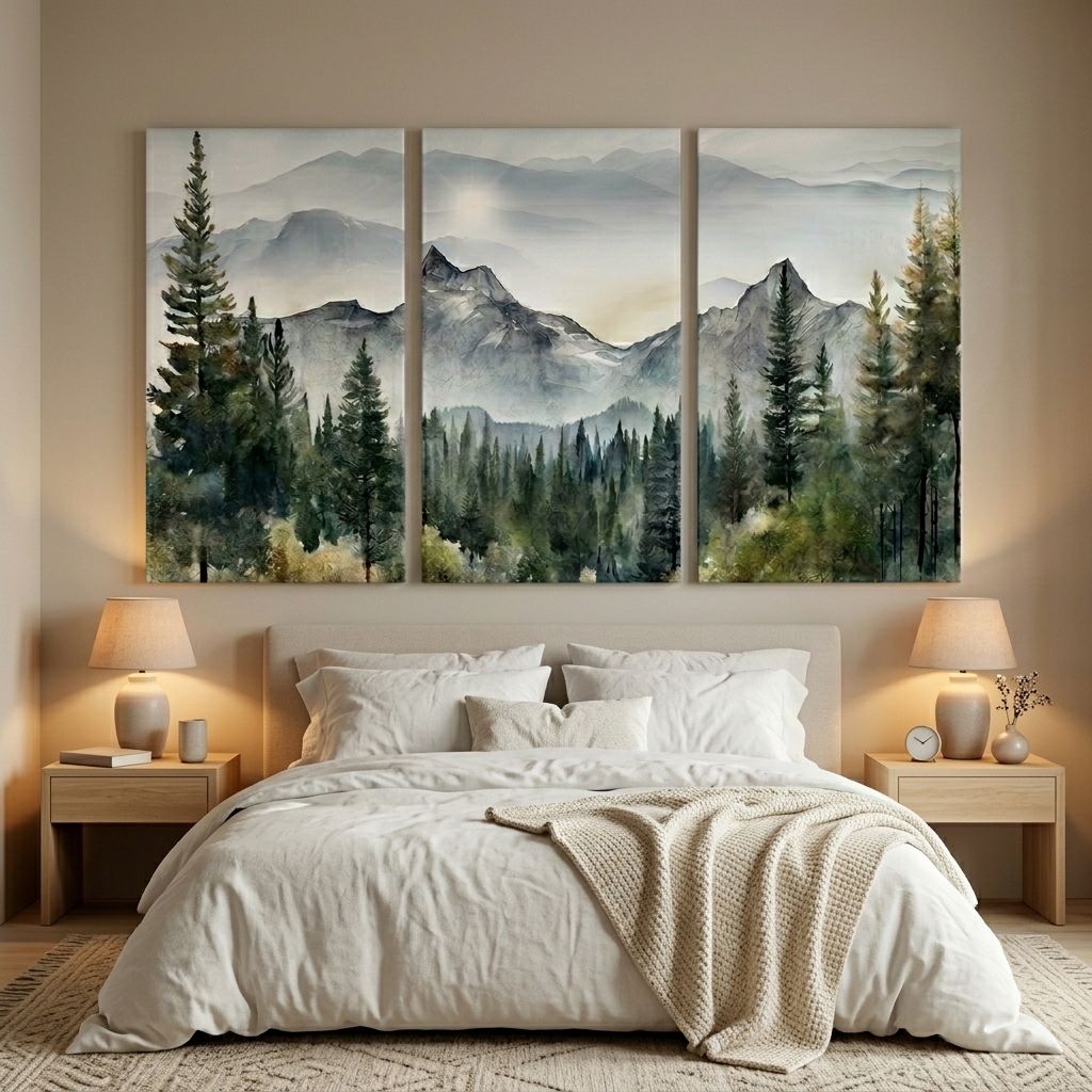 PORMIPONE Misty Mountain Wall Art Set of 3, 24x36 Inch Gallery Wrapped Canvas, Foggy Forest Landscape Decor for Living Room Bedroom Set of 3 Panels - 图片 2