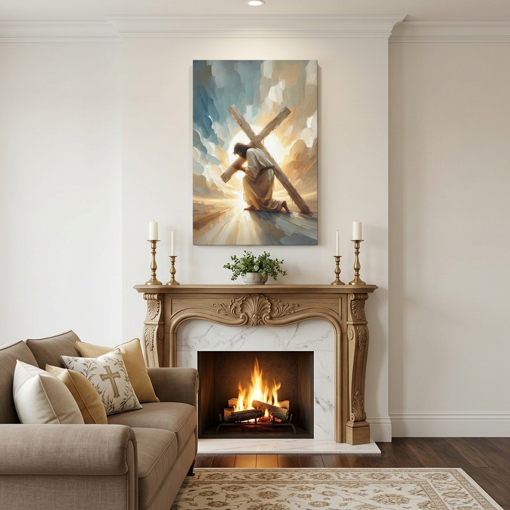 PORMIPONE Jesus Carrying the Cross Wall Art, 24x36in Gallery Wrapped Canvas, Textured Religious Painting, Christian Wall Decor for Living Room Prayer Room Church - 图片 2