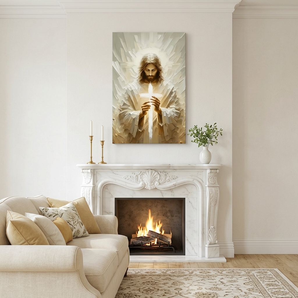 PORMIPONE Jesus Holding Cross Wall Art, 24x36in Gallery Wrapped Canvas, Textured Religious Painting, Christian Wall Decor for Church Living Room Prayer Room - 图片 2