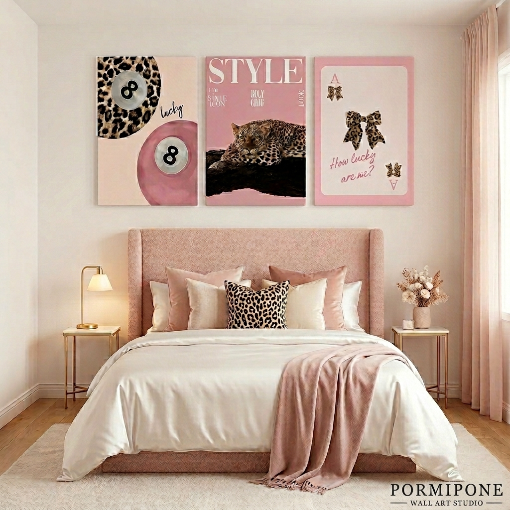 PORMIPONE Pink Cheetah Wall Art Set of 3, 24x36in Gallery Wrapped Canvas, Coquette Pink Leopard Wall Decor, How Lucky Are We Trendy Girls Room Bedroom Living Room - 图片 2