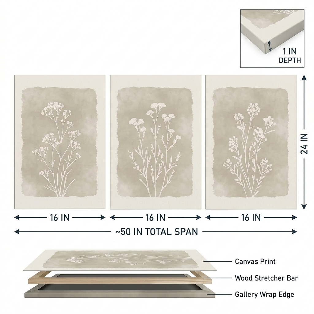 PORMIPONE Botanical Wall Art Set of 3, 16x24in Gallery Wrapped Canvas, Neutral Boho Wildflower Prints, Farmhouse Floral Decor for Living Room Bedroom Entryway - 图片 6