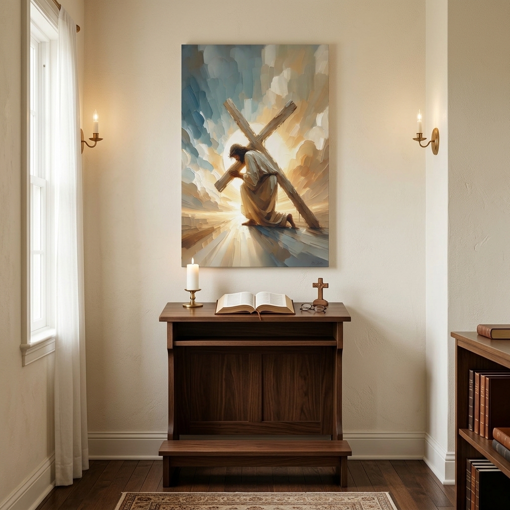 PORMIPONE Jesus Carrying the Cross Wall Art, 24x36in Gallery Wrapped Canvas, Textured Religious Painting, Christian Wall Decor for Living Room Prayer Room Church - 图片 3