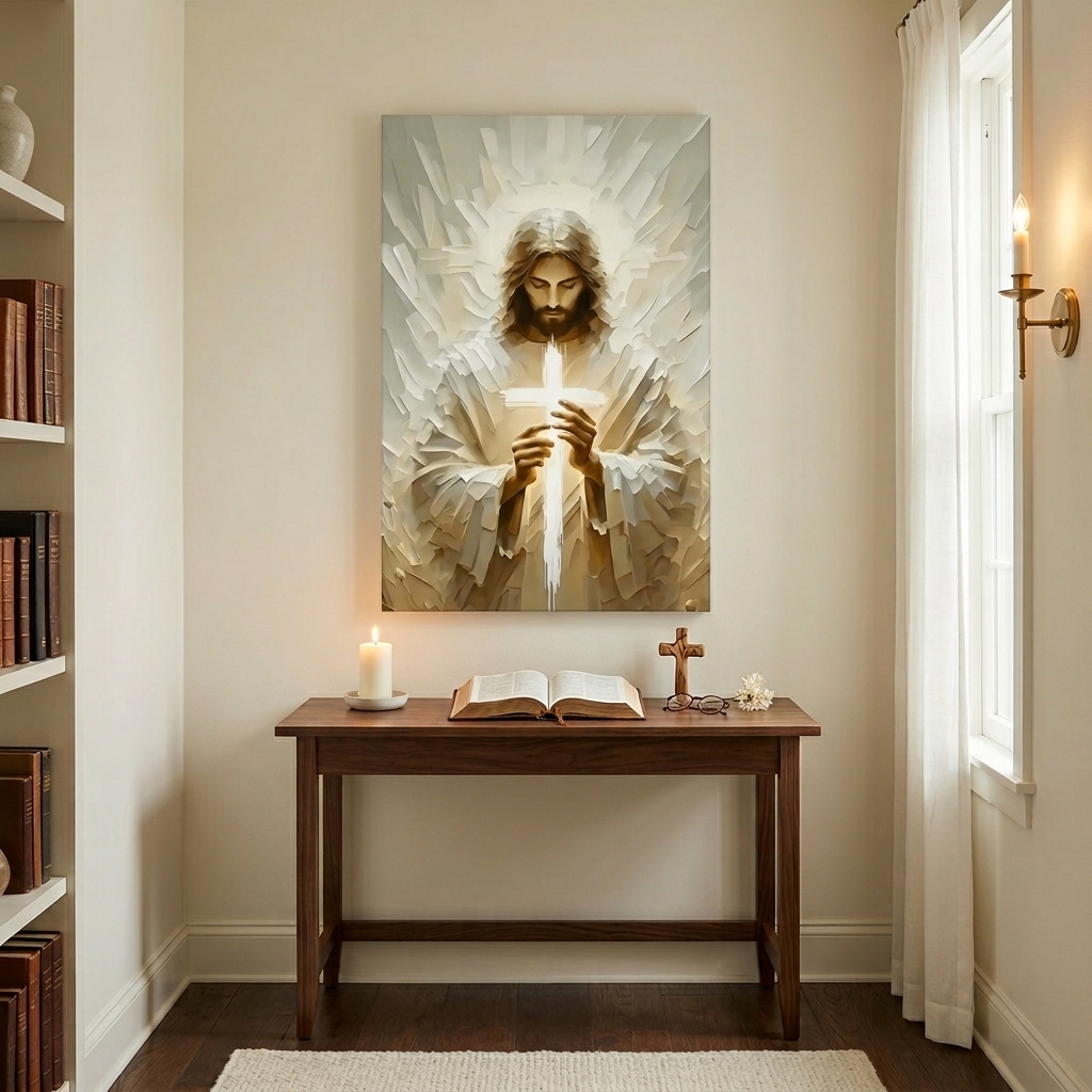 PORMIPONE Jesus Holding Cross Wall Art, 24x36in Gallery Wrapped Canvas, Textured Religious Painting, Christian Wall Decor for Church Living Room Prayer Room - 图片 3