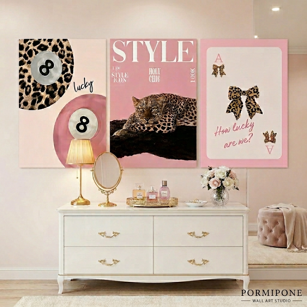 PORMIPONE Pink Cheetah Wall Art Set of 3, 24x36in Gallery Wrapped Canvas, Coquette Pink Leopard Wall Decor, How Lucky Are We Trendy Girls Room Bedroom Living Room - 图片 3