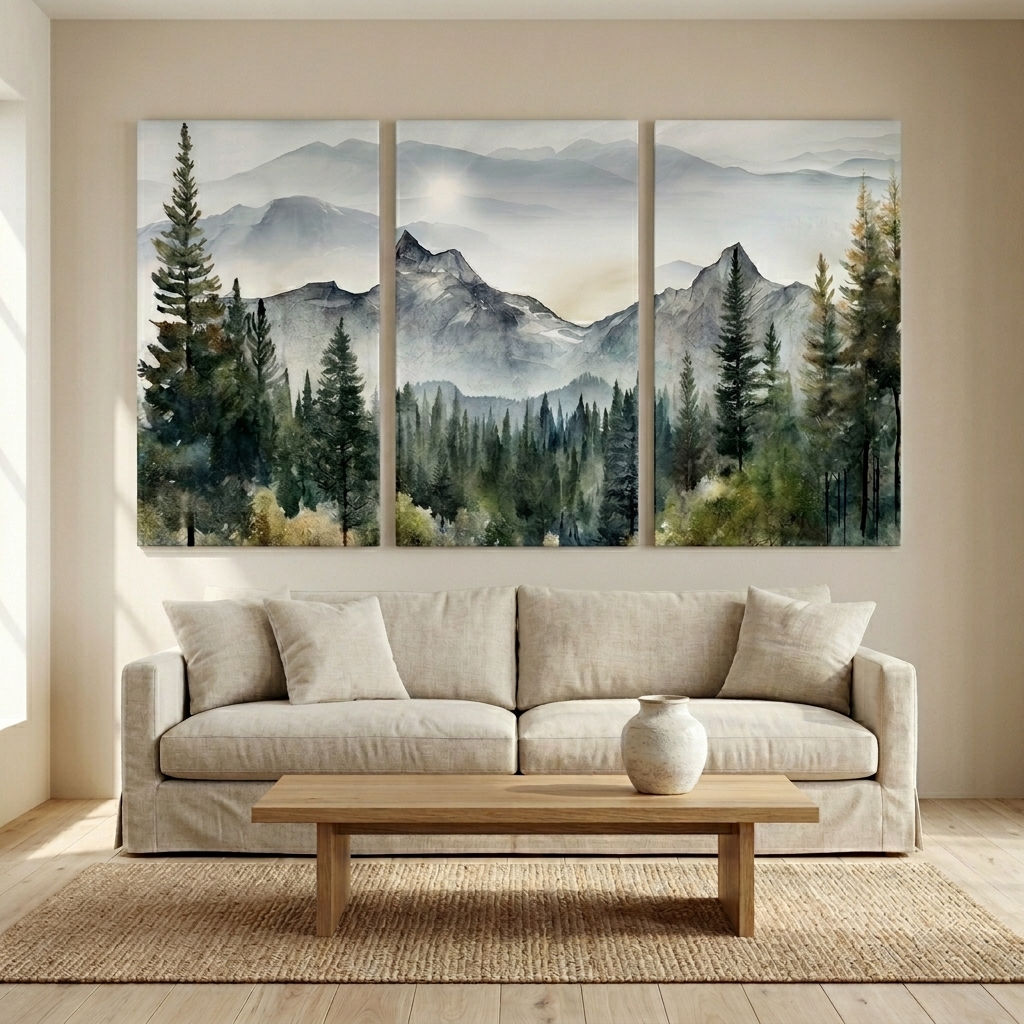 PORMIPONE Misty Mountain Wall Art Set of 3, 24x36 Inch Gallery Wrapped Canvas, Foggy Forest Landscape Decor for Living Room Bedroom Set of 3 Panels - 图片 3