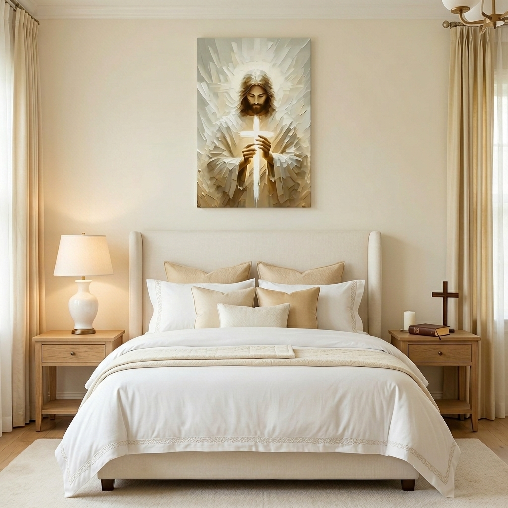 PORMIPONE Jesus Holding Cross Wall Art, 24x36in Gallery Wrapped Canvas, Textured Religious Painting, Christian Wall Decor for Church Living Room Prayer Room - 图片 4
