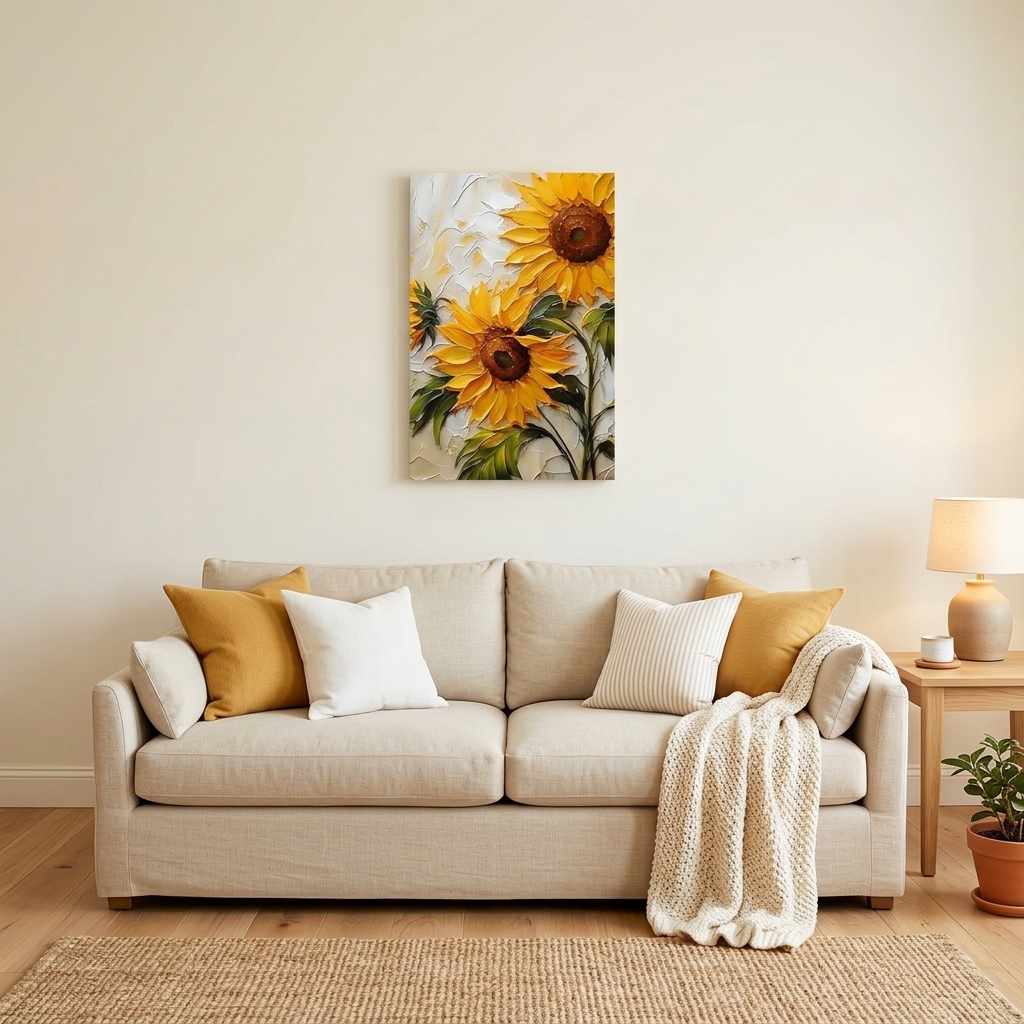 PORMIPONE Sunflower Wall Art, 16x24in Gallery Wrapped Canvas, Textured Floral Painting, Yellow Flower Wall Decor for Kitchen Dining Room Living Room Farmhouse - 图片 4