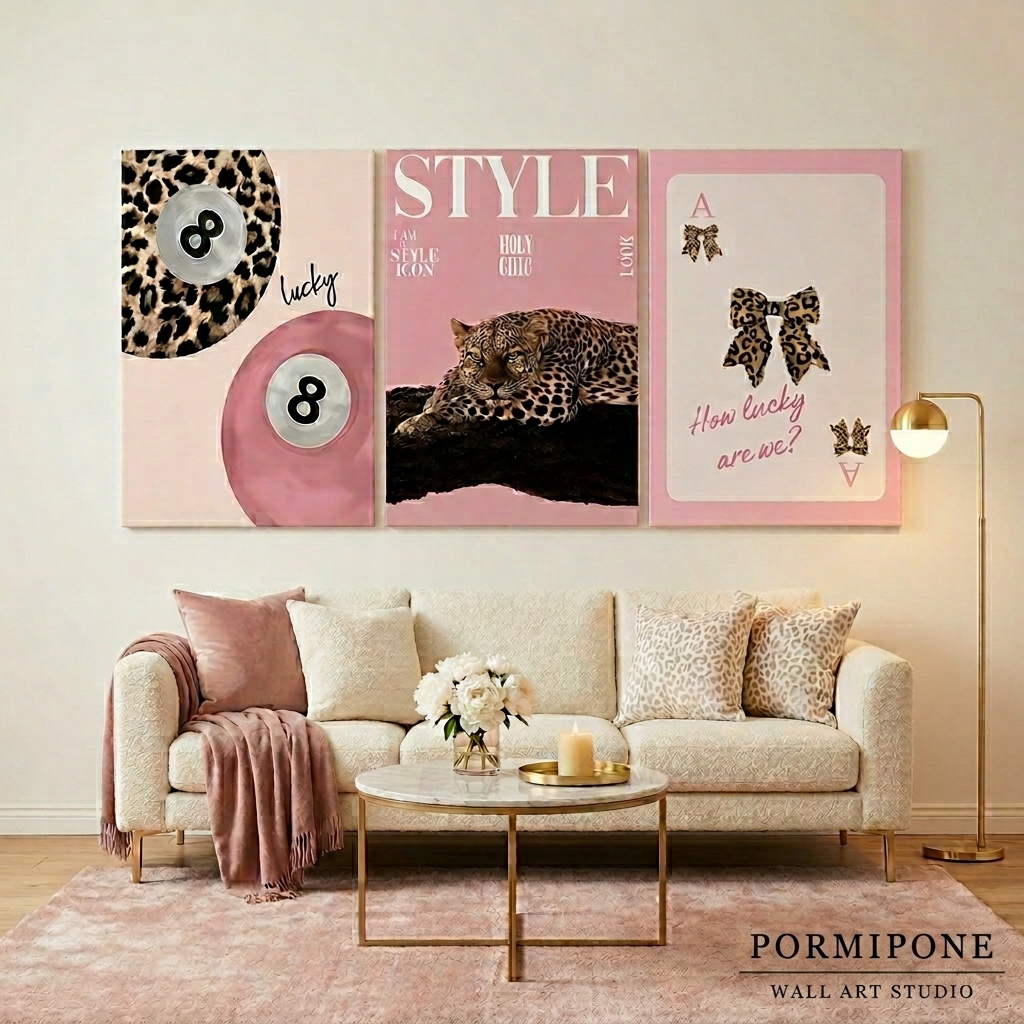 PORMIPONE Pink Cheetah Wall Art Set of 3, 24x36in Gallery Wrapped Canvas, Coquette Pink Leopard Wall Decor, How Lucky Are We Trendy Girls Room Bedroom Living Room - 图片 4