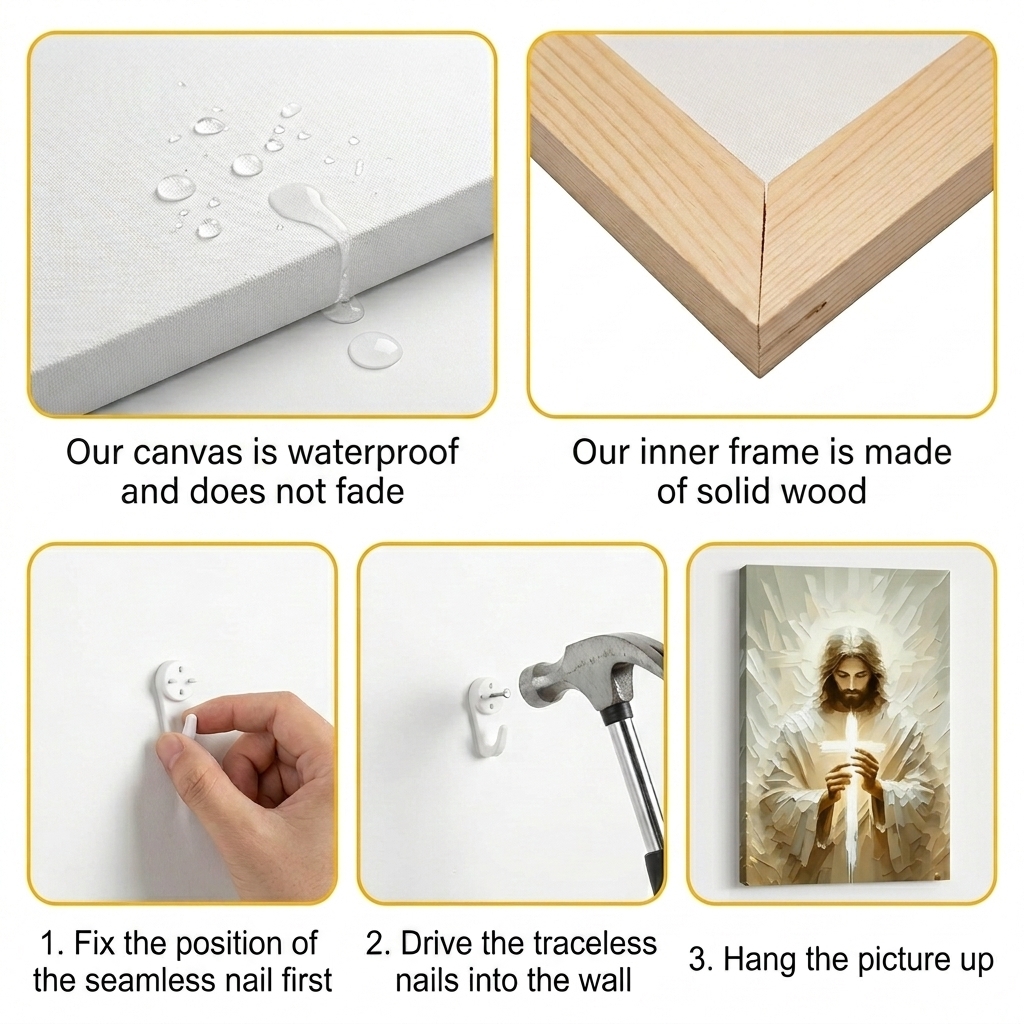 PORMIPONE Jesus Holding Cross Wall Art, 24x36in Gallery Wrapped Canvas, Textured Religious Painting, Christian Wall Decor for Church Living Room Prayer Room - 图片 6