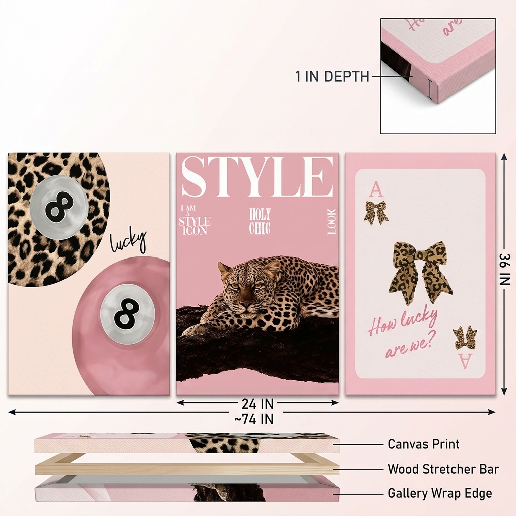 PORMIPONE Pink Cheetah Wall Art Set of 3, 24x36in Gallery Wrapped Canvas, Coquette Pink Leopard Wall Decor, How Lucky Are We Trendy Girls Room Bedroom Living Room - 图片 6