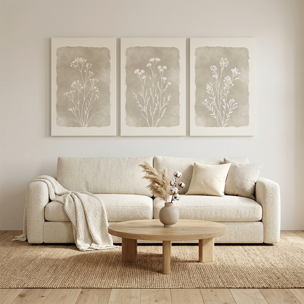 PORMIPONE Botanical Wall Art Set of 3, 16x24in Gallery Wrapped Canvas, Neutral Boho Wildflower Prints, Farmhouse Floral Decor for Living Room Bedroom Entryway - 图片 2