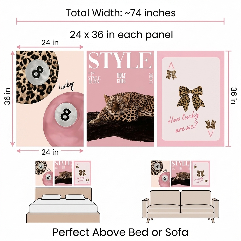PORMIPONE Pink Cheetah Wall Art Set of 3, 24x36in Gallery Wrapped Canvas, Coquette Pink Leopard Wall Decor, How Lucky Are We Trendy Girls Room Bedroom Living Room - 图片 7