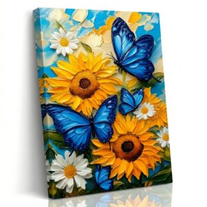 PORMIPONE Sunflower Butterfly Wall Art, 16x24in Framed Canvas, Colorful Floral Painting, Blue Butterfly Yellow Flower Wall Decor for Living Room Bedroom Kitchen