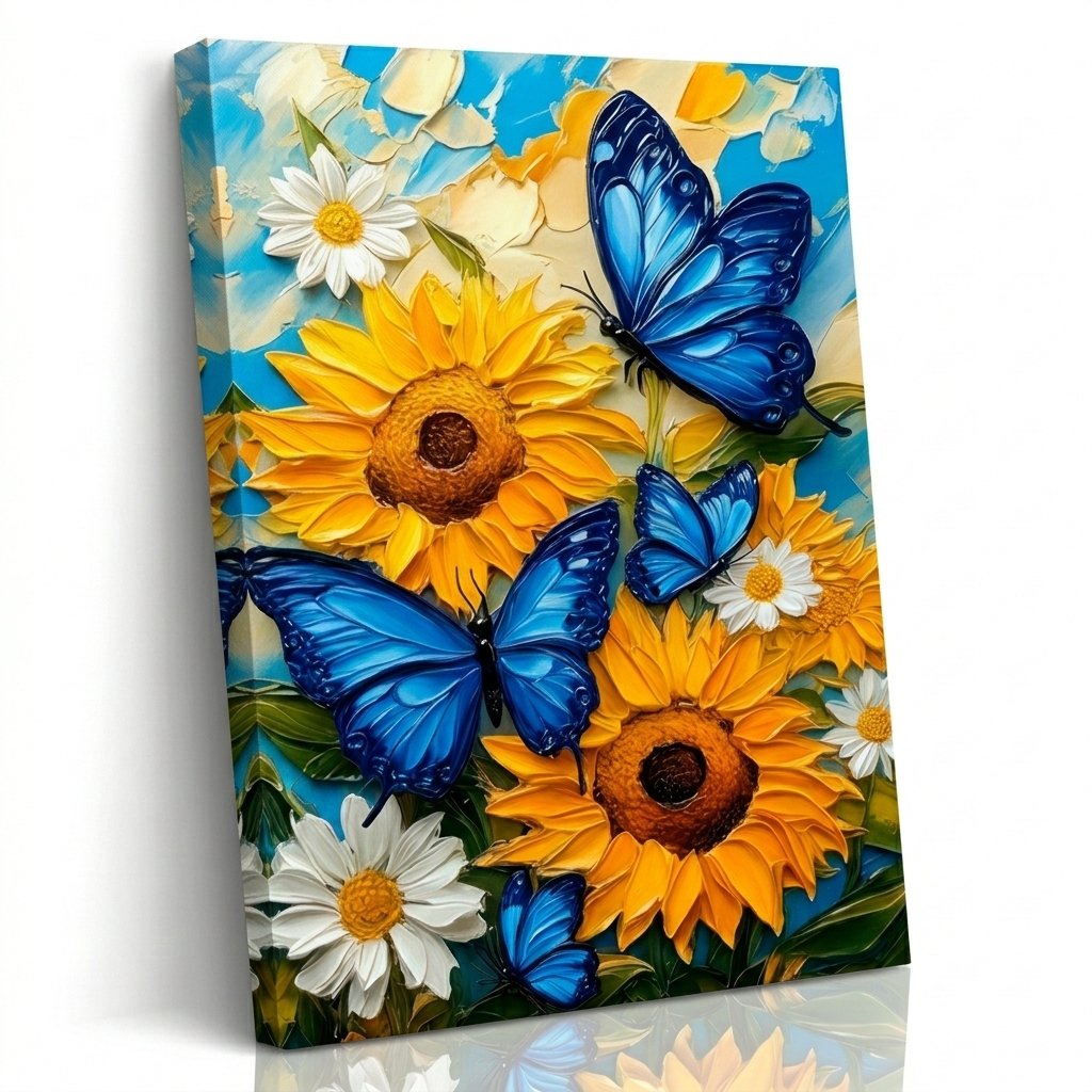 PORMIPONE Sunflower Butterfly Wall Art, 16x24in Framed Canvas, Colorful Floral Print, Blue Butterfly Yellow Flower Wall Decor for Living Room Bedroom Kitchen