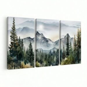 PORMIPONE Misty Mountain Wall Art Set of 3, 24x36 Inch Gallery Wrapped Canvas, Foggy Forest Landscape Decor for Living Room Bedroom Set of 3 Panels
