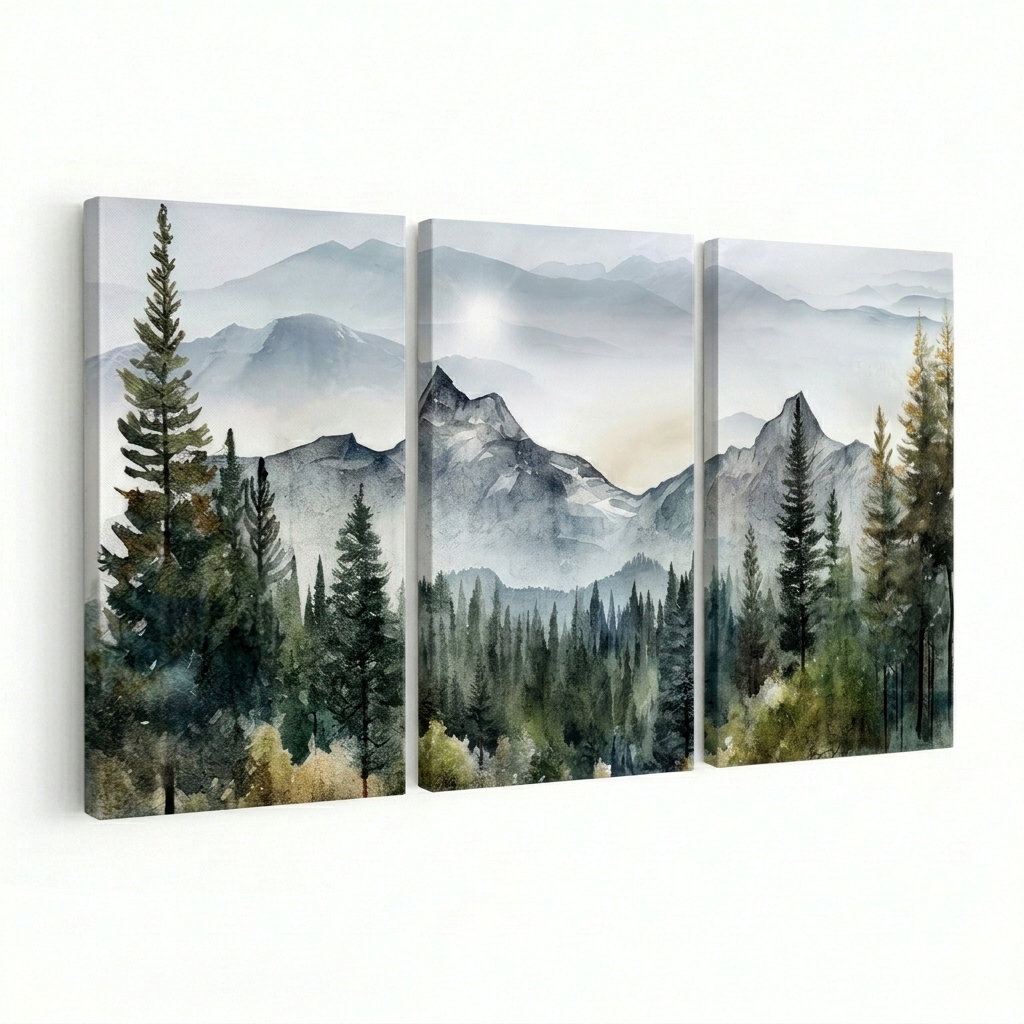 PORMIPONE Misty Mountain Wall Art Set of 3, 24x36 Inch Gallery Wrapped Canvas, Foggy Forest Landscape Decor for Living Room Bedroom Set of 3 Panels