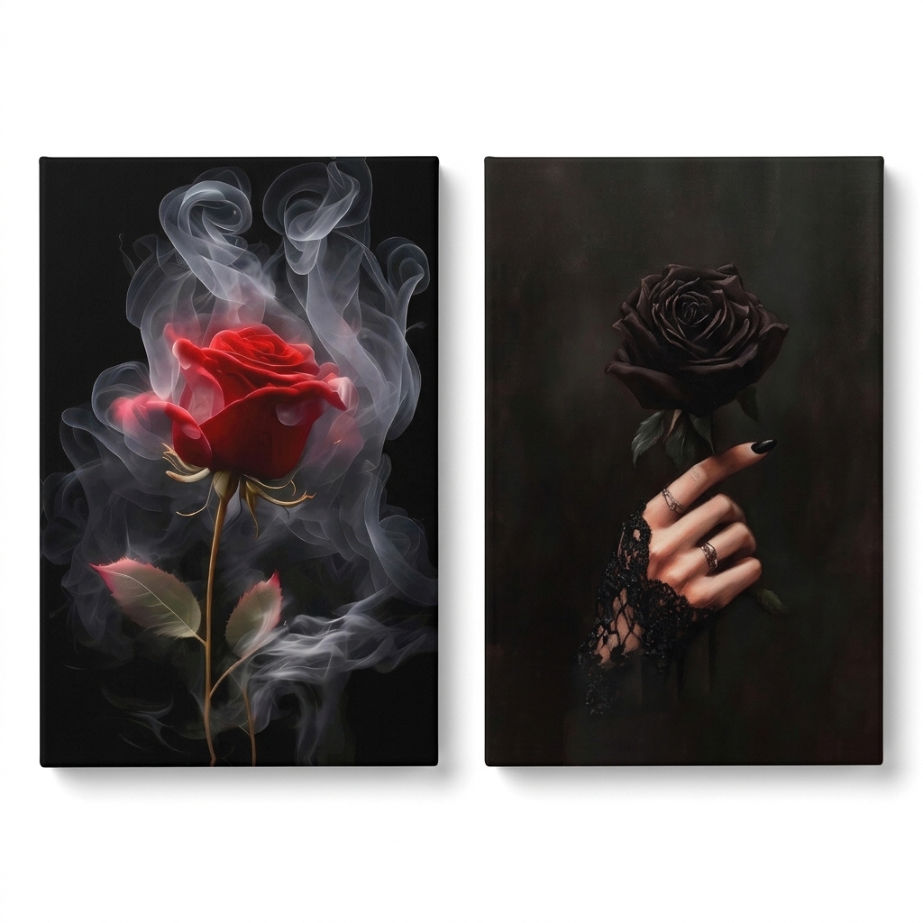 PORMIPONE Dual Gothic Roses Night Canvas Wall Art, 16x24in 2pcs Framed Canvas