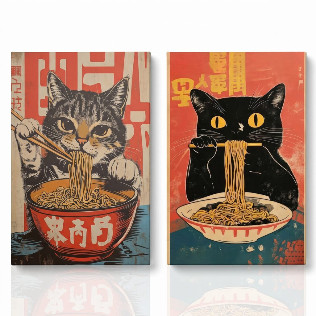 PORMIPONE Funny Cat Noodle Canvas Wall Art, Set of 2, 16x24in