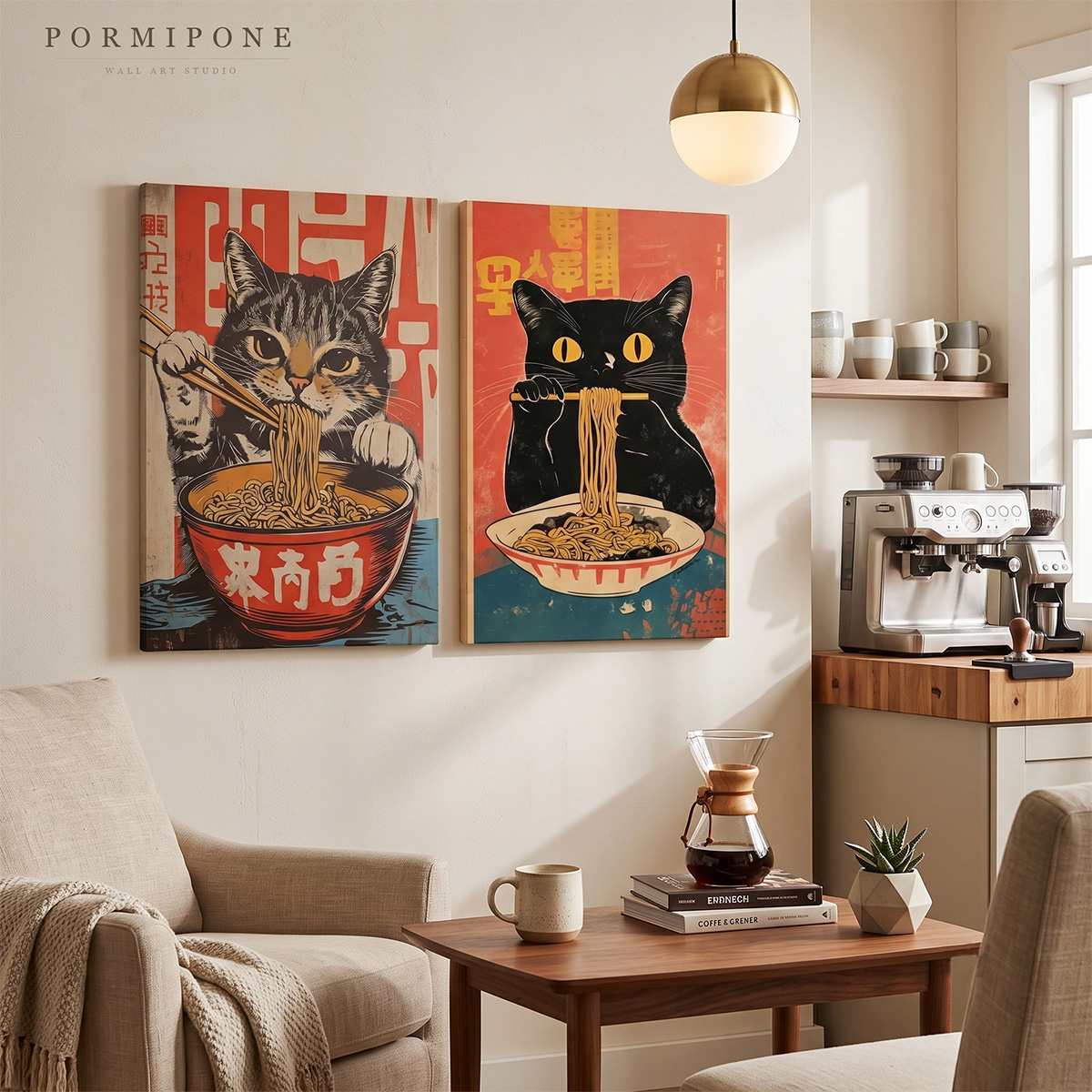 PORMIPONE 16x24in Funny Cat Noodle Canvas Wall Art(Set of 2) - 图片 2