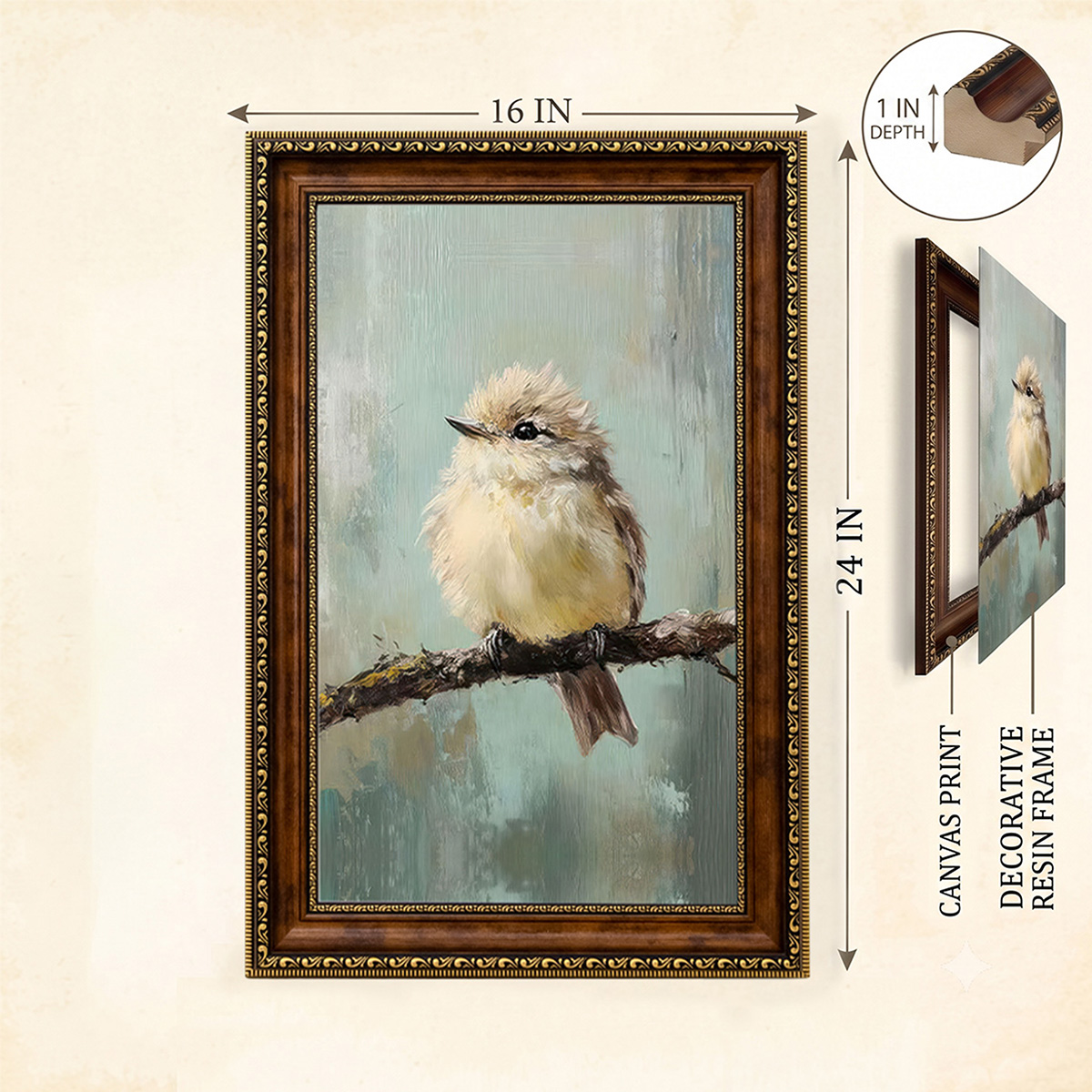 PORMIPONE Quiet Perched Sparrow 16x24in Brown Framed Canvas Wall Art - 图片 2