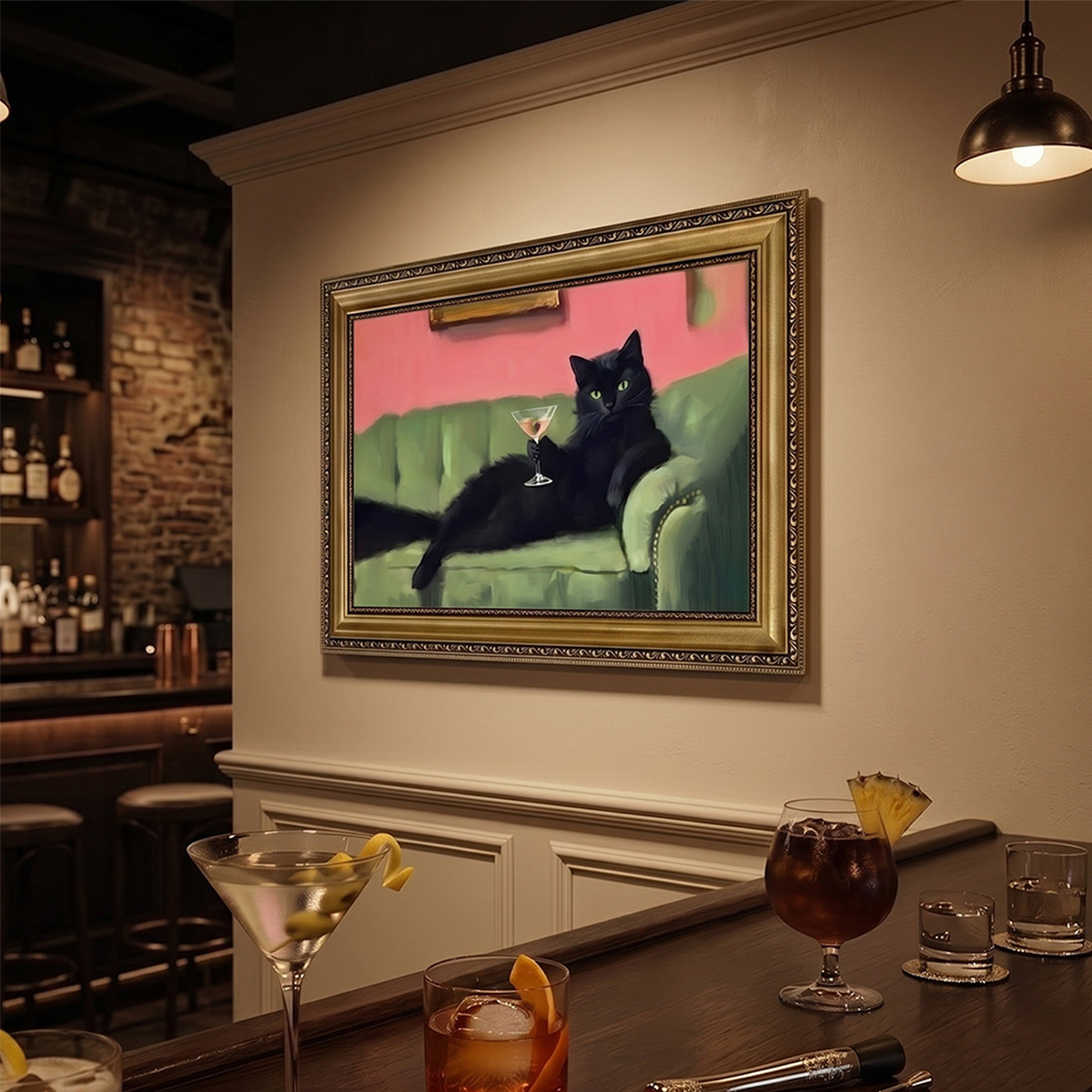 PORMIPONE 24x16in Funny Black Cat Martini Canvas Wall Art - 图片 2