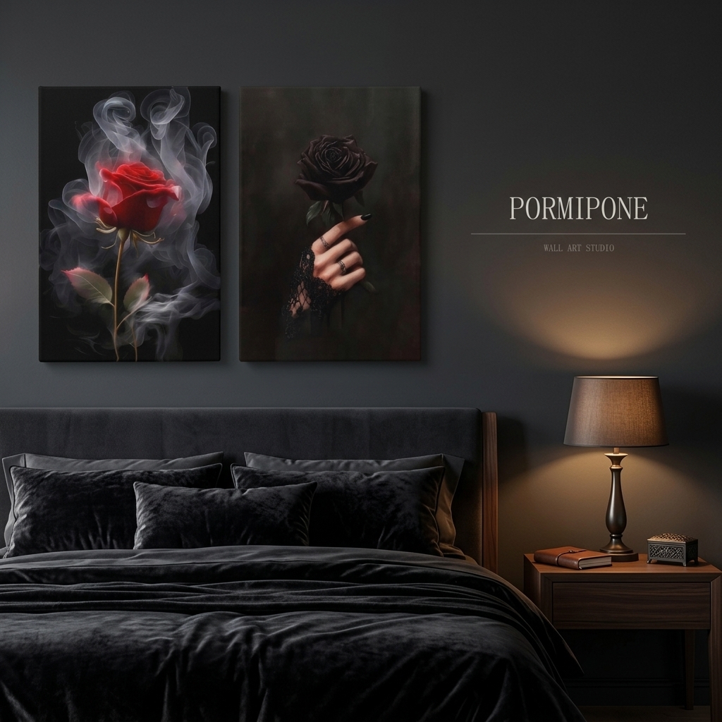 PORMIPONE Dual Gothic Roses Night Canvas Wall Art, 16x24in 2pcs Framed Canvas - 图片 4