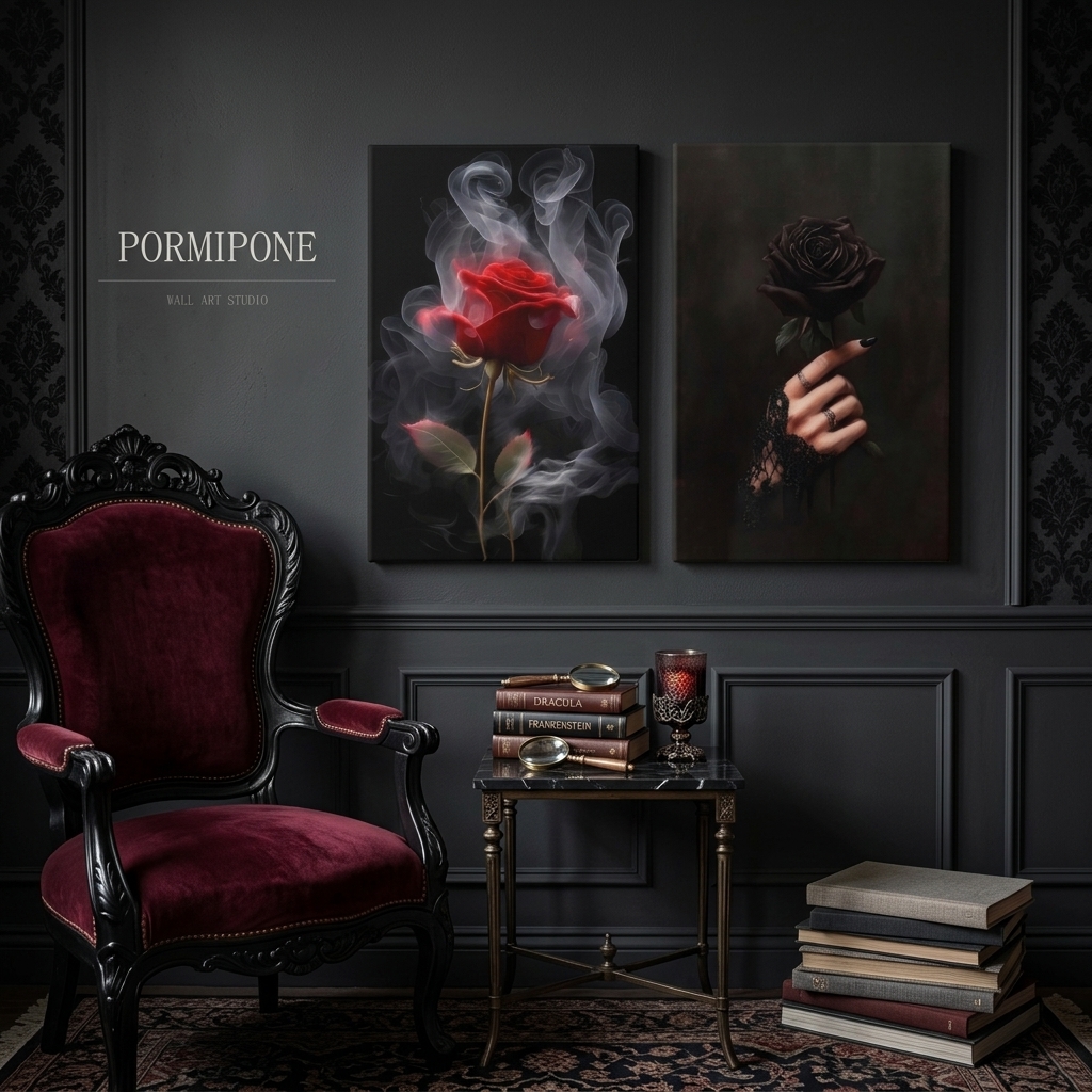 PORMIPONE Dual Gothic Roses Night Canvas Wall Art, 16x24in 2pcs Framed Canvas - 图片 5