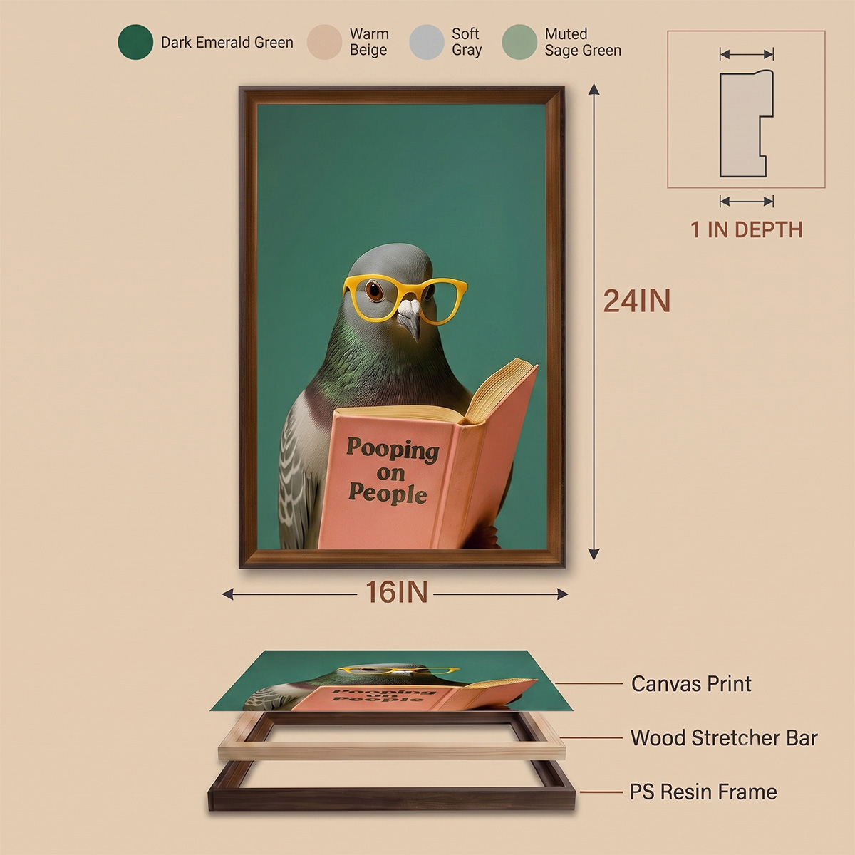 PORMIPONE Vintage Pigeon Wall Art, 16x24in Framed Canvas - 图片 5