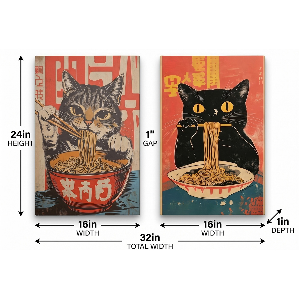 PORMIPONE 16x24in Funny Cat Noodle Canvas Wall Art(Set of 2) - 图片 5