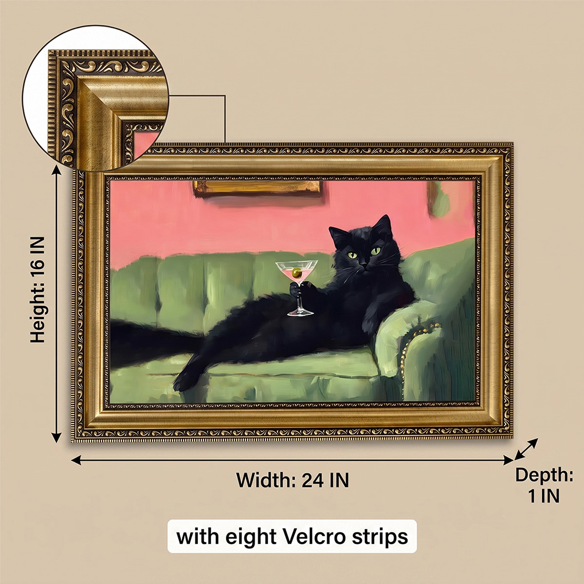 PORMIPONE 24x16in Funny Black Cat Martini Canvas Wall Art - 图片 5