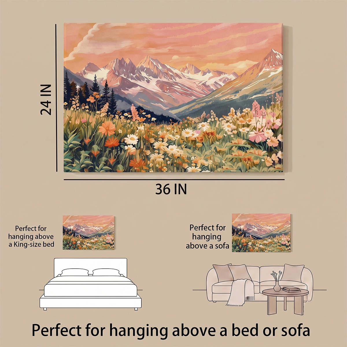PORMIPONE 36x24in Wildflower Mountain Canvas Wall Art - 图片 6
