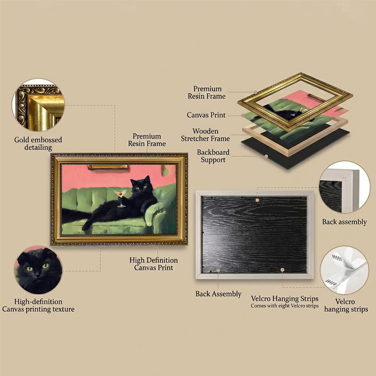 PORMIPONE 24x16in Funny Black Cat Martini Canvas Wall Art - 图片 6