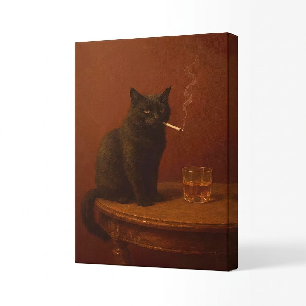 Vintage Quirky of a Black Cat Drinking Whiskey Canvas Wall Art – Pormipone